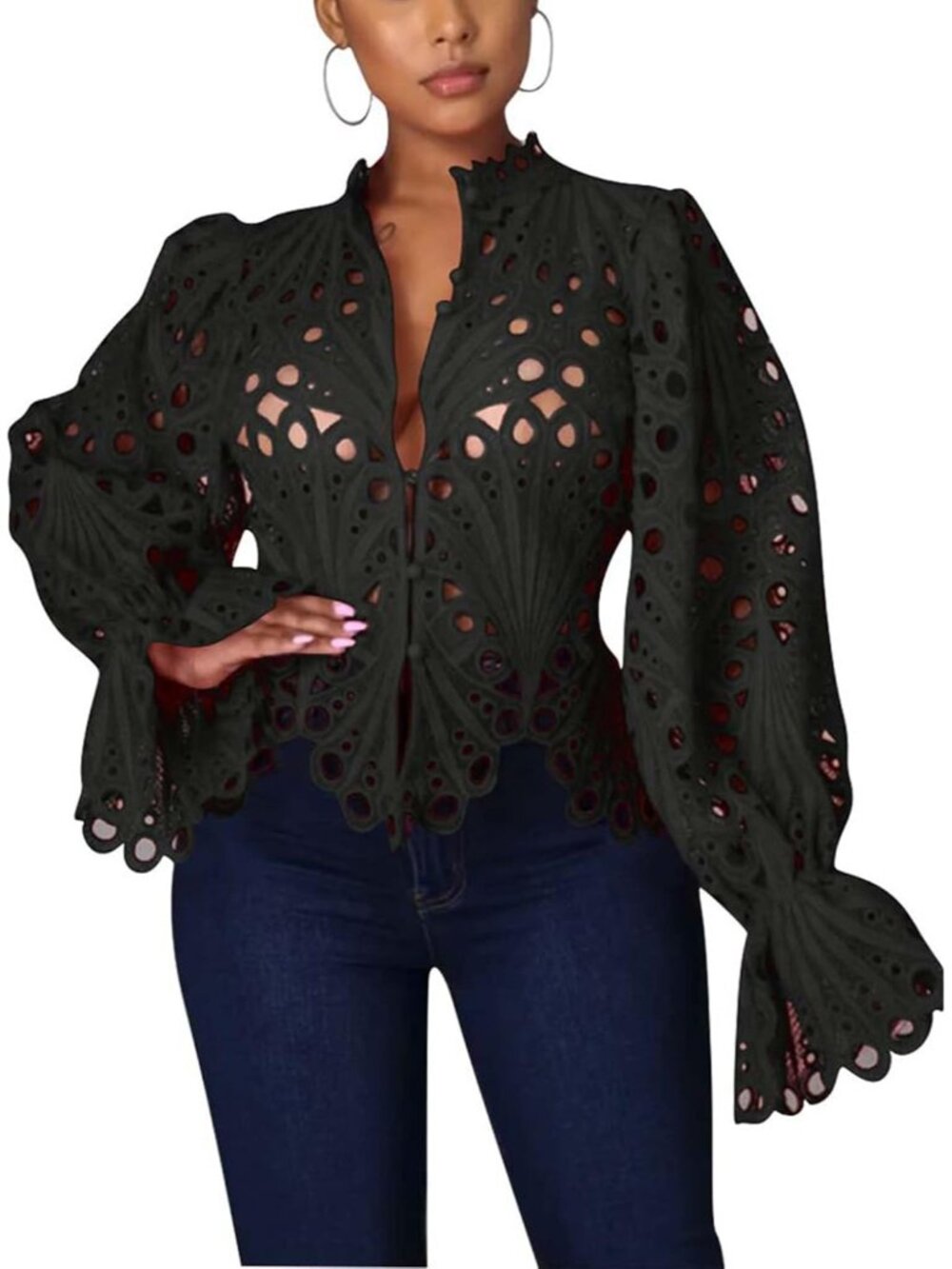 🆕Women’s All Black Lace Ruffle Puff Long Sleeve Button Down Tops Flare Tunic